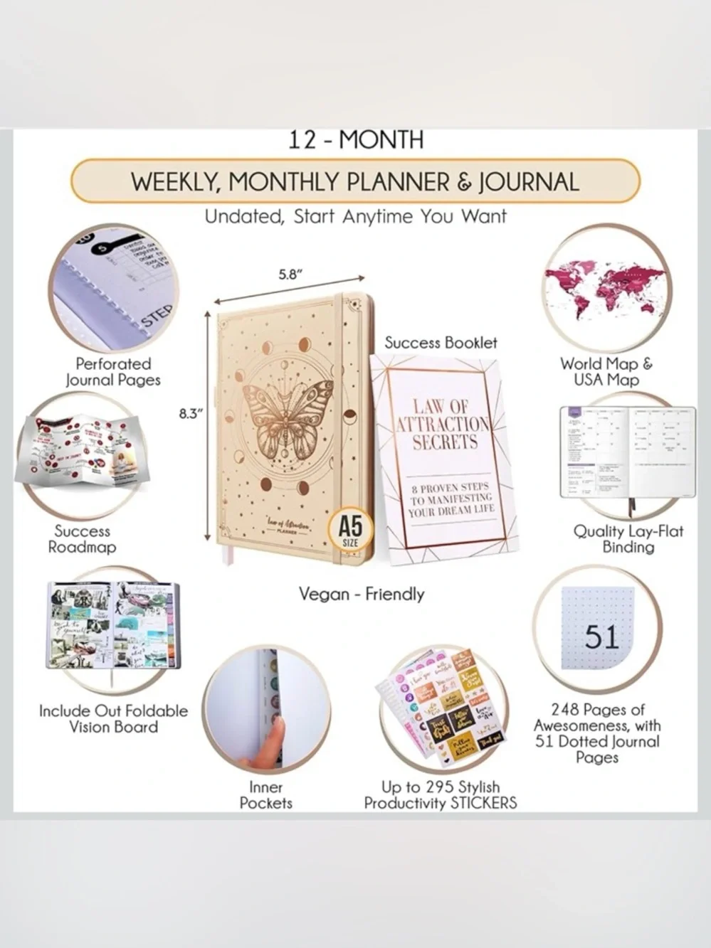 Law of Attraction Undated Weekly & Monthly Planner, 12-Month Journey Journal.